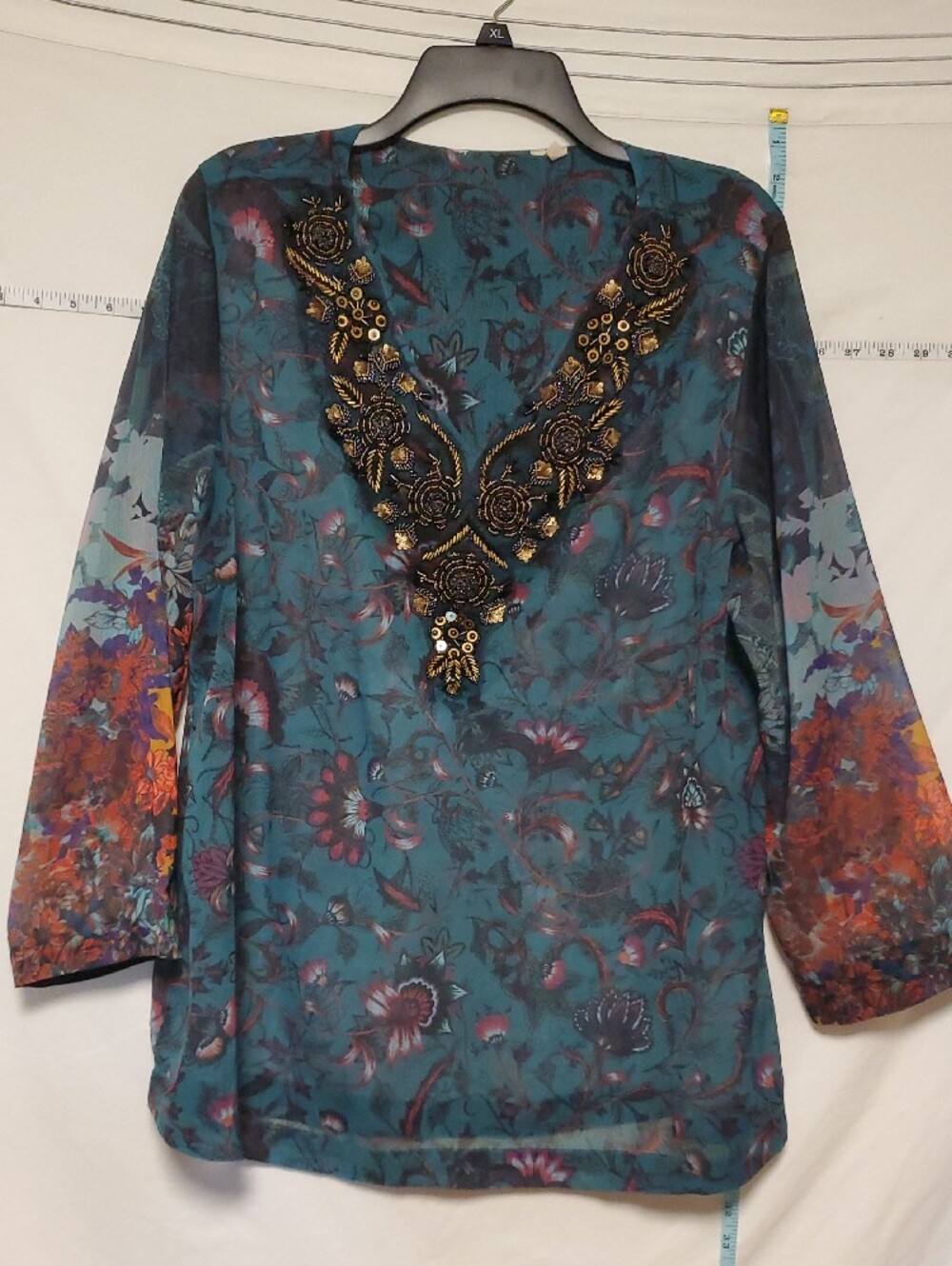 Soft Surroundings Teal Orange Floral Beaded Neckline Sheer Blouse XL Boho Artsy